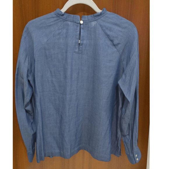 Ann Taylor LOFT Blue Ruffle Neck Chambray Long Sleeve Blouse - Picture 2 of 2